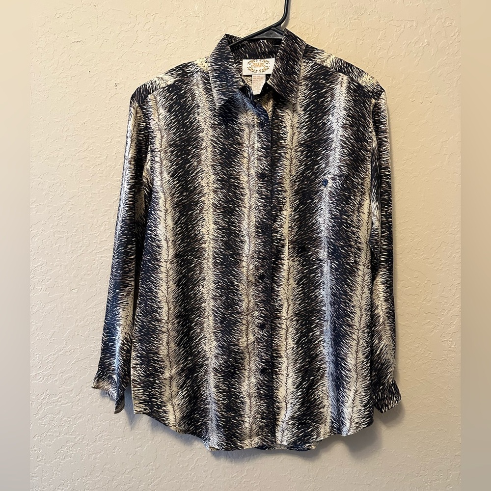Vintage Metro Express Black and White 100% Silk Blouse Size Small
